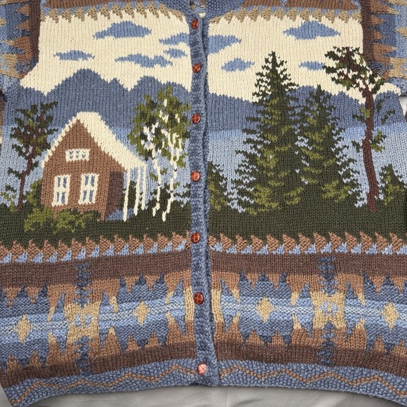 Northern Isles Cardigan Sweater Forest Cabin Tree Winter Knit L Cottagecore - Picture 3 of 13